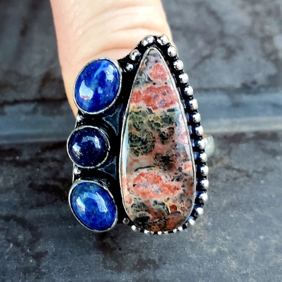 New Leopard Skin Jasper & Lapis Lazuli 925 Silver Ring. - Picture 14 of 14